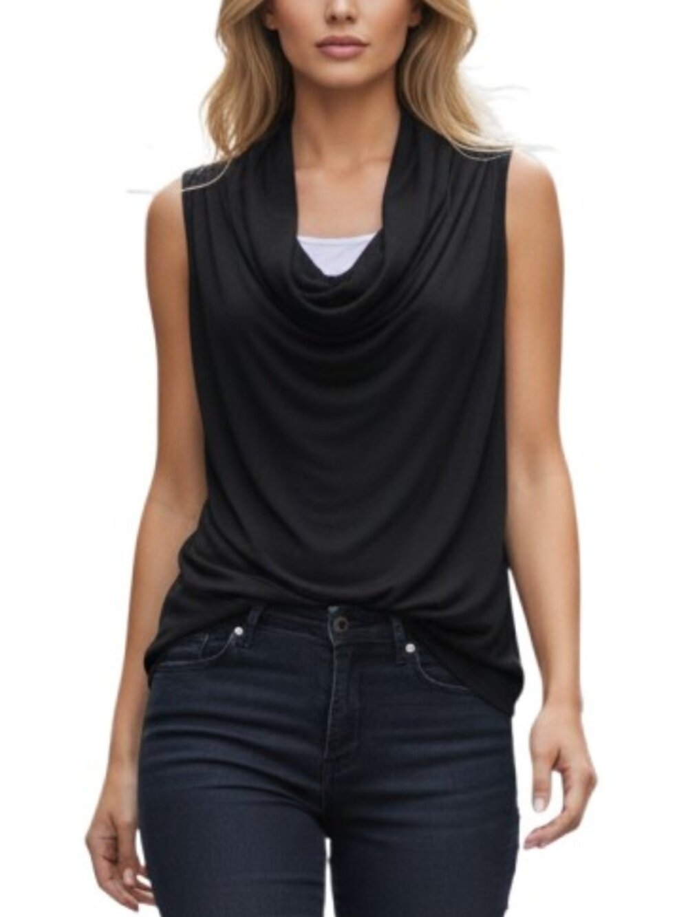 NWT Takeout 2-Fer Look Tunic Sweater Women’s Large Black Sleeveless Cowl Neck